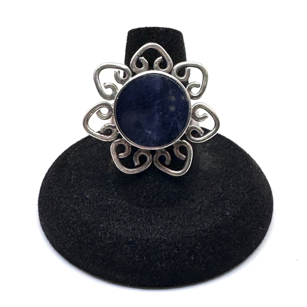 Vintage Sterling Silver Flower Ring with Dark Blue Sodalite Stone - Adjustable